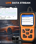 OM126P OBD2 Scanner displaying live data stream with car image, plug and play code reader for cars after 1996