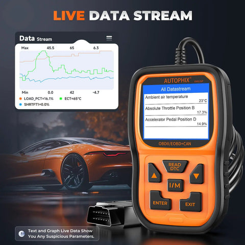 OM126P OBD2 Scanner displaying live data stream with car image, plug and play code reader for cars after 1996
