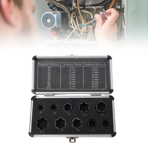 Heavy Duty 10-Piece Impact Nut Remover Set With Storage Box For Stripped Bolts Grab Broken Screws Super Tough No 45 Steel Short Extractor Kit That Slows Down Your Work And Gets You Out Of The Jam Fast. open case with 10 impact nut removers for bolt removal