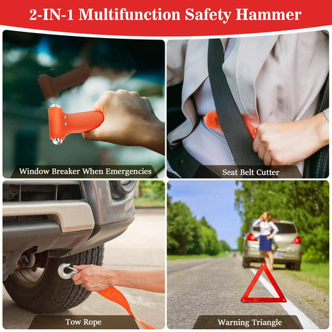 Roadside Emergency Kit For Cars And Trucks With Air Compressor, Jumper Cables, First Aid Kit, Blanket, Shovel, safety hammer details.