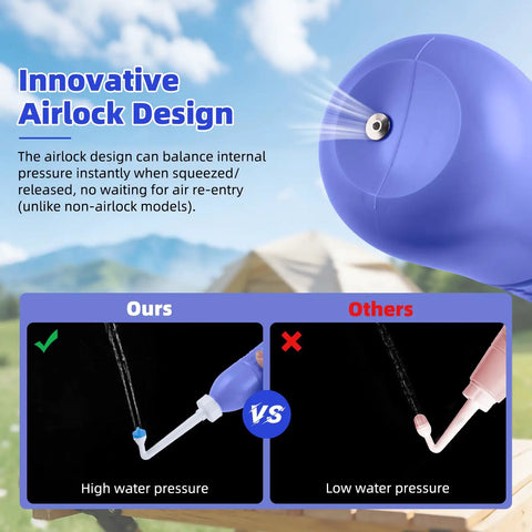 Blue Portable Bidet Sprayer For Personal Hygiene 620ml Travel Bottle With Extended Nozzle Handheld Toilet Sprayer showcasing airlock design.
