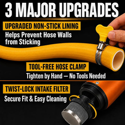 Upgraded hose with non-stick lining and tool-free clamp for No Sweat Cordless Fluid Transfer Pump Tool Only Compatible With DeWalt 20V Tools Using Secure Adapter 635 GPH.