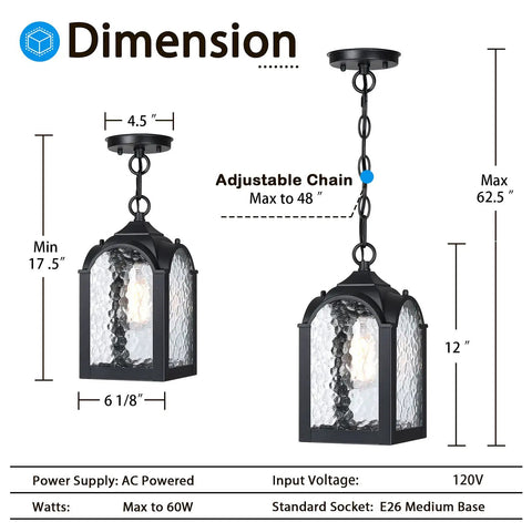 Dimensions of Waterproof Outdoor Pendant Light With Adjustable Chain In Black Finish Modern Farmhouse Exterior Hanging Porch Light. 