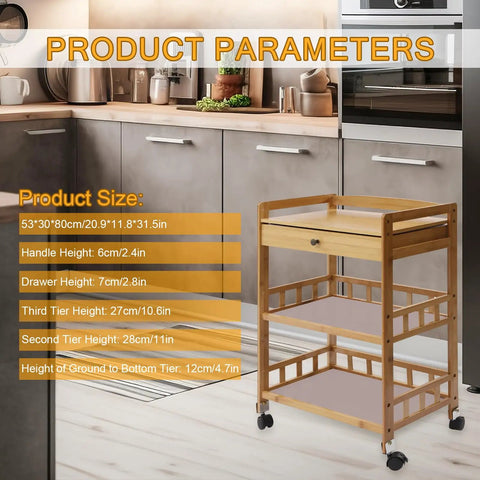 Heavy Duty Carbonized Bamboo Rolling Cart With Whisper Quiet Caster Wheels Plus Roomy Storage Drawers Easy Glide in modern kitchen.