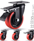 Close-up of Beefy 4 Inch Caster Wheels Set Of 4 With Locking Brakes Silent 360 Degree Swivel TPR Rubber Casters 2200 Lbs Load Capacity