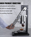 Rugged Hand Pressed Espresso Machine Using Manual Lever And Pressure Chamber Plus Portable Bottomless Coffee Maker For Zero Fuss Brewing that showcases added preheat function and stainless steel design.