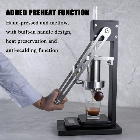 Rugged Hand Pressed Espresso Machine Using Manual Lever And Pressure Chamber Plus Portable Bottomless Coffee Maker For Zero Fuss Brewing that showcases added preheat function and stainless steel design.