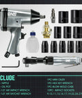 Built Different Heavy Duty 17 Piece Air Tool Kit With 1/2 Inch Pneumatic Impact Wrench Ratchet Set And Torque Wrench Shop Grade Gear Smooth Power For Mechanics Includes Durable Carry Case components laid out, including impact wrench and sockets.