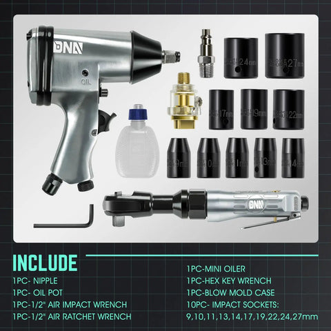 Built Different Heavy Duty 17 Piece Air Tool Kit With 1/2 Inch Pneumatic Impact Wrench Ratchet Set And Torque Wrench Shop Grade Gear Smooth Power For Mechanics Includes Durable Carry Case components laid out, including impact wrench and sockets.