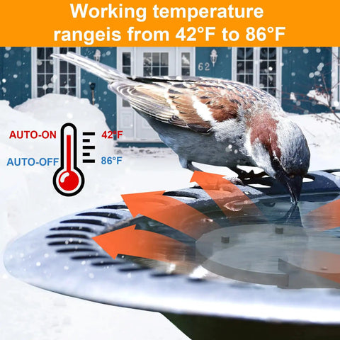 Ditch The Daily Ice Chipping Grind With This Heavy Duty 500W Poultry Water Heater featuring a bird drinking from it, showing temperature range.