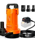 Plug And Play 1Hp Cordless Submersible Utility Pump Flows Like A Dream At 2113 Gph with removable battery and hose attachments.