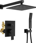 Luxury Matte Black Rainfall Shower System With 10 Inch Square Rain Head, Brass Handheld Shower, Brass Arm, and Faucet Kit