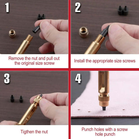 Adjustable Leather Hole Punch Tool With Wood Handle And Six Drill Sizes 1.5mm 2mm 2.5mm 3mm 3.5mm 4mm step-by-step usage guide.