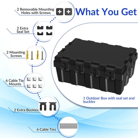 Waterproof Outdoor Electrical Box Heavy Duty Cover For Extension Cords And Holiday Lights With Tight Port Seals And Wall Mount Bracket, showing installation accessories.