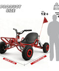 Rugged 64cc Two Stroke Gas Go Kart With Two And A Half HP Hydraulic Disc Brake Steel Tubular Frame Six Inch All Terrain Tires 265 Pound Load Capacity For Off Road Adventures shown with size dimensions and rider silhouette.