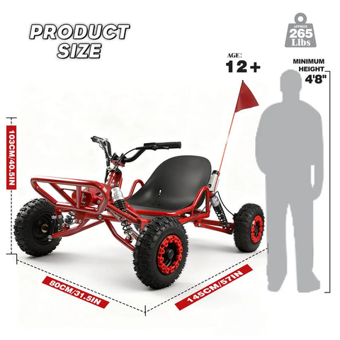 Red Go Kart 2000W Electric Off Road Beast For Adults And Kids, side view with dimensions, 8-inch tires, and safety flag.