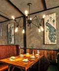 Chandelier with Vintage LED Edison Bulbs Set With Old School Vibe, illuminating a rustic dining area with warm ambiance