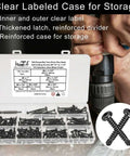 Open case showing Torx Drive Self Drilling Screws Set For Metal In 410 Stainless Black Dacromet Finish Pan Head Tek Screws Size Eight By One Half To One And One Half Inch 185 Pieces Plus One T20 Bit Tough As Nails Outdoor Ready And Corrosion Resistant.