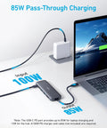 5 In 1 USB C Hub With 4K HDMI, 5Gbps USB C Data, Two 5Gbps USB A Ports, And 100W PD In For MacBook Pro Air Dell And More, shown charging a laptop