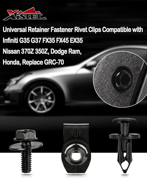 Close-up of 80-Piece Universal Engine Splash Shield Fastener Kit showing screws, bumper clips, and push pins for vehicle repairs
