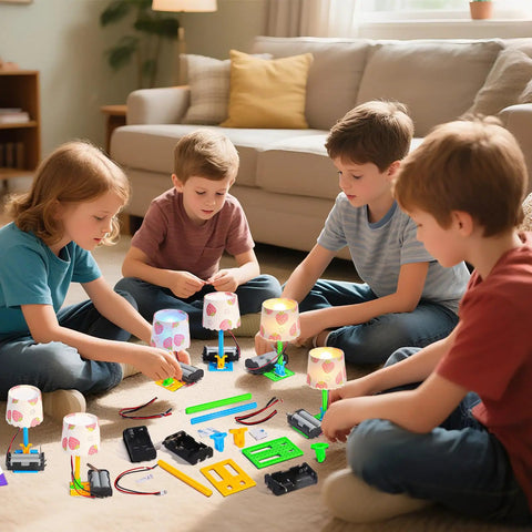 Eight Independent Electric Light Circuit Science Kits For Kids Ages 8 To 12, Easy To Assemble, No Tools Needed, Hands On STEM Fun With Step By Step Guides, Kid Tested And Classroom Or Home Ready. Kids building light circuit kits on carpet