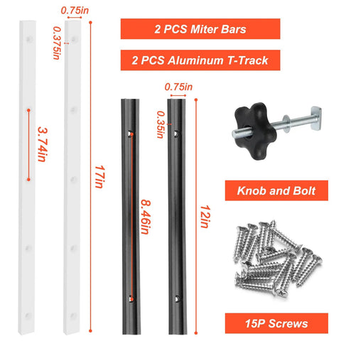 Pro Grade Crosscut Sled Kit For Table Saw With 2 Aluminum T Track Rails, 2 UHMW Miter Bars, knob screws, and hardware pieces shown.