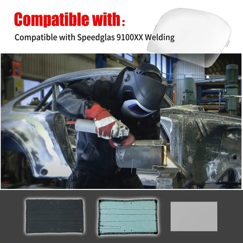 Welder using helmet with Outside Replacement Lenses For 9100XX And 9100XXVI Helmet Hood; lens and sweatband shown below