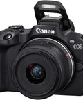 R50 APSC Mirrorless Camera Kit With 18 To 45mm Lens, 4K Video, Dual Pixel AF II shown with pop-up flash in open position