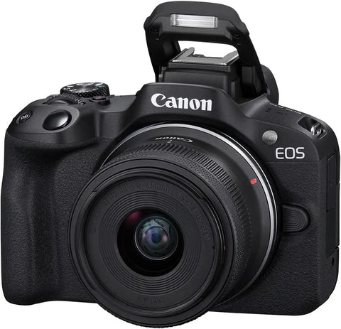 R50 APSC Mirrorless Camera Kit With 18 To 45mm Lens, 4K Video, Dual Pixel AF II shown with pop-up flash in open position