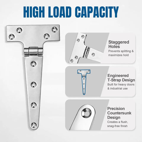 Tough As Nails 8X4 Inch 316 Marine Grade Stainless Steel T Hinges 2 Pack designed for heavy duty use with staggered holes.
