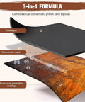 Diagram showing 3-in-1 formula with rust conversion, primer, topcoat layers for 2-In-1 Rust Converter And Primer For Automotive, Marine.