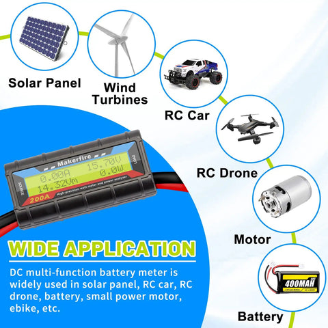 200A Upgraded Watt Meter With Longer Wires Pro Grade Power Analyzer For RC Cars Drones Solar Wind Ebike Battery Testers Voltage And Current Monitor With Backlit LCD Display next to images of solar panel, wind turbines, RC car, RC drone, motor, and battery, illustrating wide application.
