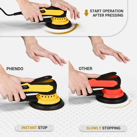 Brushless 350W Random Orbital Sander With 3A Motor, showing instant stop feature compared to another sander model.