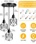 Industrial 3 Light Pendant With Adjustable Cords Vintage Farmhouse Black Metal Cage Light For Kitchen Dining Hallway E26 Base Ceiling Fixture