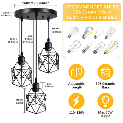 Industrial 3 Light Pendant With Adjustable Cords Vintage Farmhouse Black Metal Cage Light For Kitchen Dining Hallway E26 Base Ceiling Fixture
