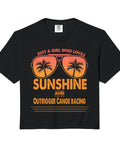 Sunshine Loving Girl Outrigger Canoe Racing Crop Top for Outdoor Enthusiasts with sunglasses and palm trees design on black tee.