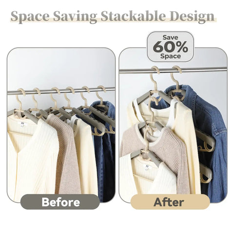6 Pack Heavy Duty Plastic Extra Wide Arm Hangers 15 To 23 Inches With Swivel Hooks For Coats Jackets Dresses Shirts Pants And Trousers Space Saving Closet Organizers In Grey And Tan, demonstrating space-saving before and after.