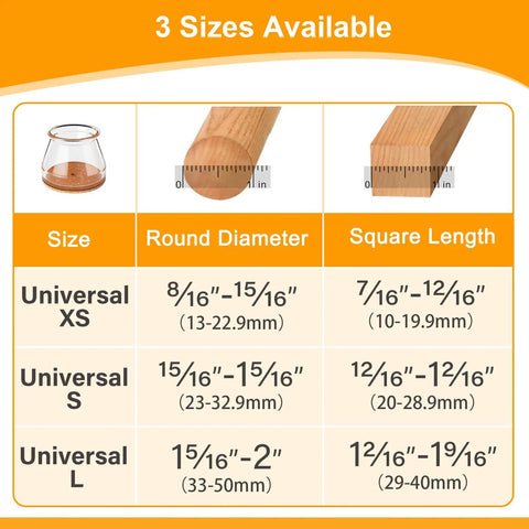 Size chart for Silicone Felt Chair Leg Floor Protectors, showing Universal L size for round and square legs.