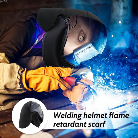Welder using welding helmet with Two Pack Welding Helmet Cover And Bib Set With Extended Seal For Full Protection Flame Resistant Fabric Press Fit Design Fits Most Welding Helmets Black Hood Accessories For Everyday Welders