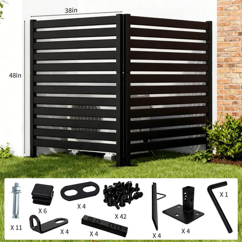 Double Layer Privacy Fence Four Panel Heavy Duty Wrought Iron Screen for Maximum Backyard Privacy, shown with dimensions and hardware