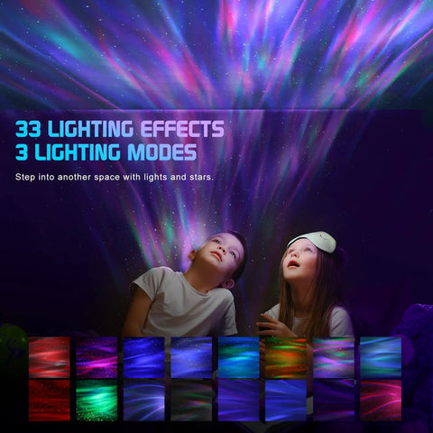 Two kids viewing colorful sky lights from the 3 In 1 Aurora Night Light Projector With 33 Light Effects Bluetooth Speaker White Noise And Remote Control Dinosaur Egg Theme For Kids Bedroom Decor Party Gift Lit.