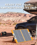 All In One Portable Solar Generator Kit with 60W Panel and 200W Power Station in a desert campsite