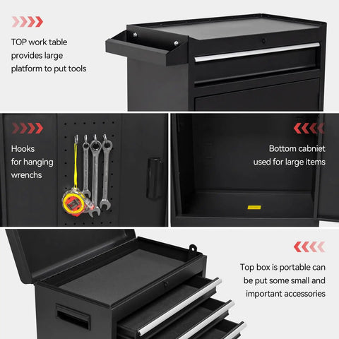 5 Drawer Rolling Tool Chest With High Capacity Adjustable Shelf Lockable Drawers Detachable 2 In 1 Mechanic Tool Box Storage Cabinet On Wheels For Garage Workshop Warehouse And Repair Shop with open drawers and tool hooks.