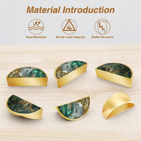 Two Pack Green Gold Fluid Art Cabinet Pulls With 3 Inch Hole Center Gold Semicircle Drawer Handles Solid Kitchen Vanity Dresser Hardware Inspired By Marble And Agate Patterns on Wooden Surface