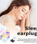 Premium Silicone Earplugs Bulk Pack of 150 Pairs, featuring a woman peacefully sleeping with black earplugs.