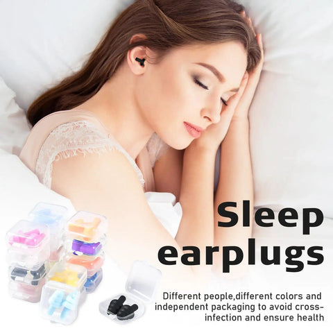Premium Silicone Earplugs Bulk Pack of 150 Pairs, featuring a woman peacefully sleeping with black earplugs.