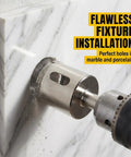 Heavy Duty 3 Piece Diamond Hole Saw Set For Porcelain Ceramic Tile And Glass Smooth Cutting Drill Bits in use on marble surface.