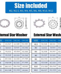 Hilitchi stainless steel star lock washer set showing internal and external tooth washers, sizes M2–M12.