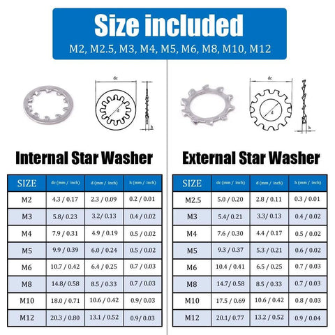 Hilitchi stainless steel star lock washer set showing internal and external tooth washers, sizes M2–M12.