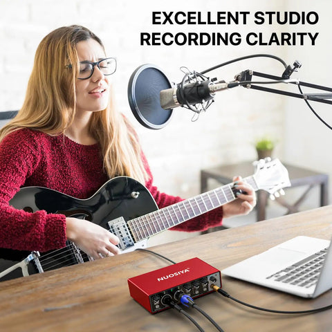 Woman playing guitar with Red USB Audio Interface For PC And Mac, Pro Grade Studio Sound 24 Bit 192 KHz, Real Time Monitoring